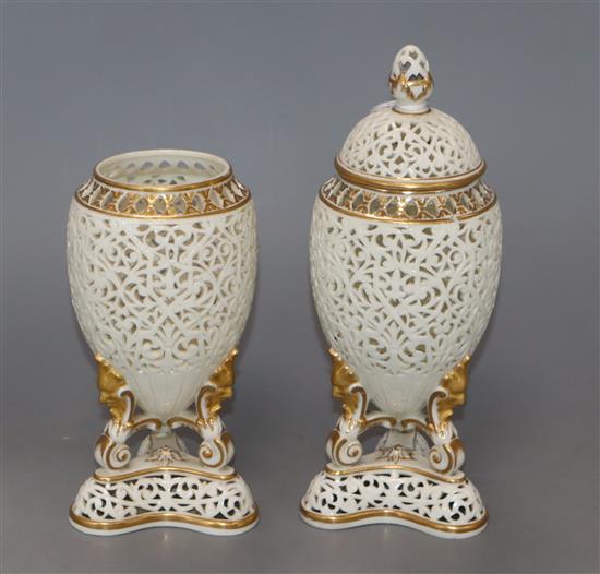 A pair of Grainger Worcester reticulated vases (one with cover) H.20cm